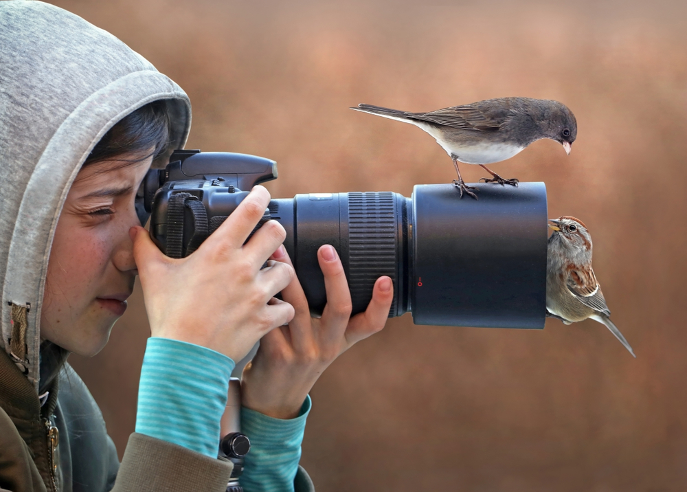 Birds on a camera lens