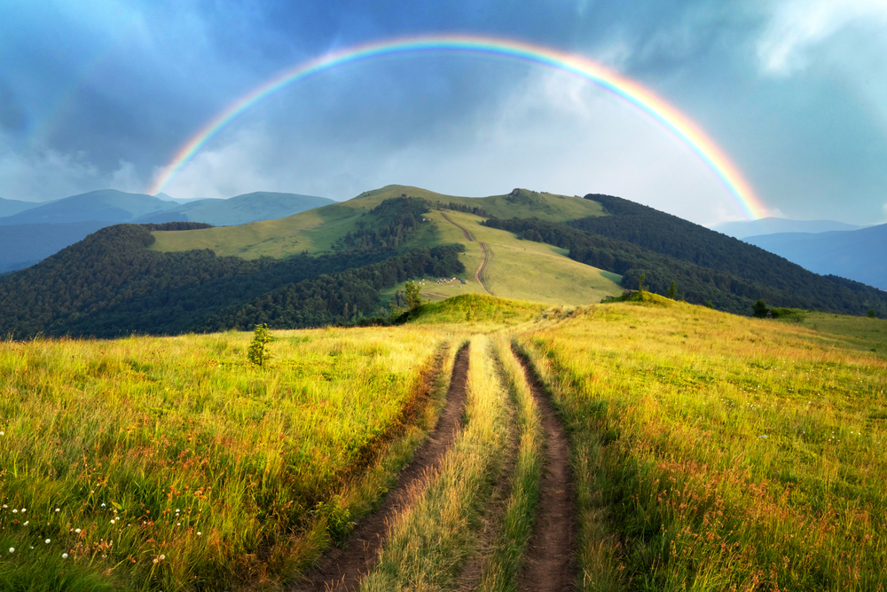 Dirt road through grass leading to the distant mountains and a rainbow