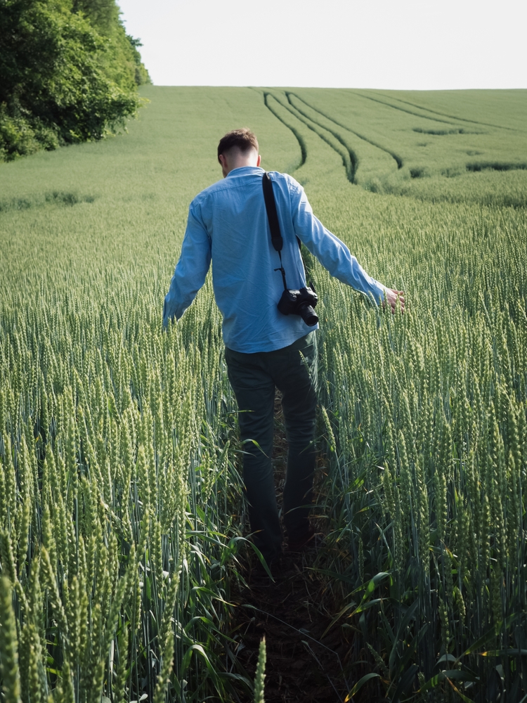 Photographer in the Green Ukrainian Field : Vertical wide angle point of view shot of a young man with a DSLR camera on his shoulder walking in the green rye field in Volyn’ Oblast’.