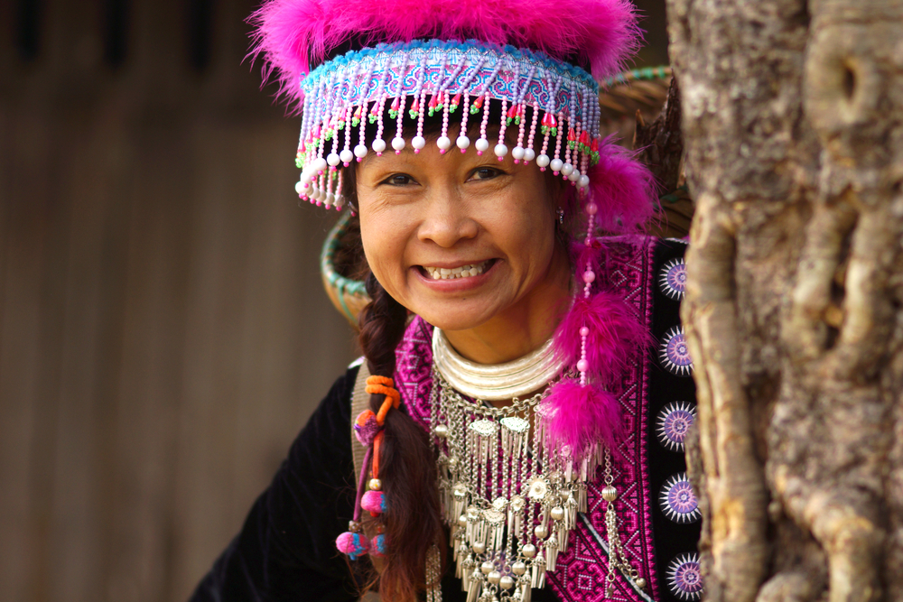 mhong hill tribe woman in colorful costume dress